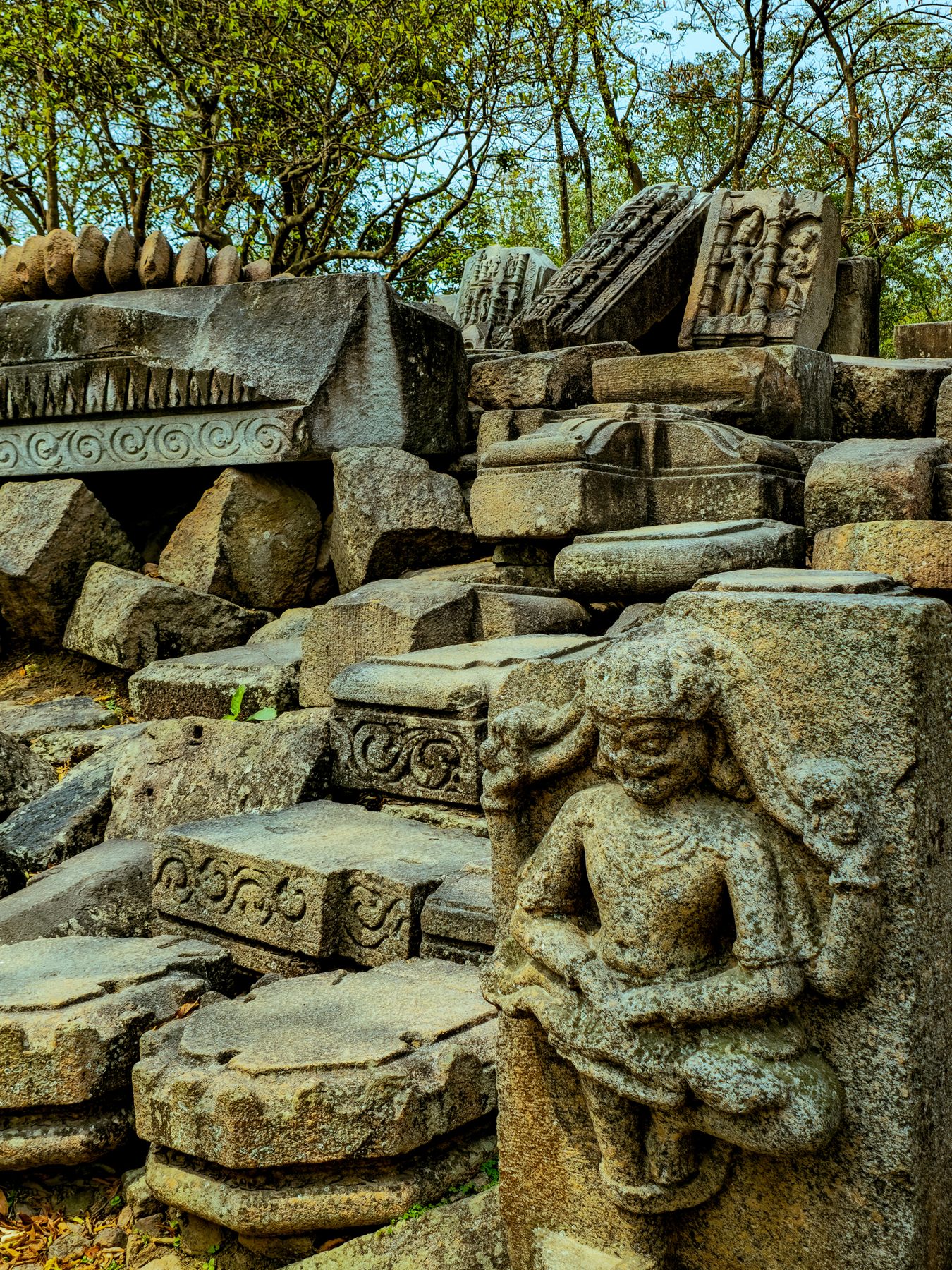 Tumbled carved stone temple blocks with a figure relief among trees in Assam